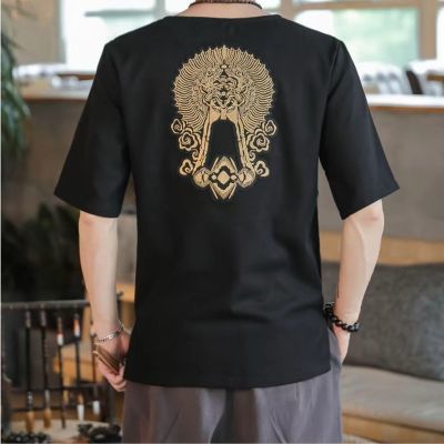 26C12A2中国风新款亚麻短袖t恤夏季男士国潮复古刺绣百搭半袖体恤