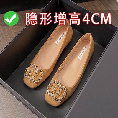 小个子内增高质感绒面水钻扣饰浅口单鞋平底通勤大码女鞋41到43码