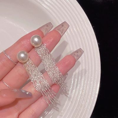新款耳环方圆脸珍珠长款流苏耳饰女耳钉法式优雅轻奢小众流苏耳环
