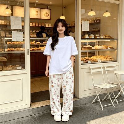休闲遛弯裤女睡裤居家薄款宽松长裤夏秋季印花直筒裤家居裤可外穿