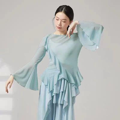 飘逸中国演出服古典舞蹈练功仙气形体服装身韵荷叶边新款长袖纱衣优惠商品图片