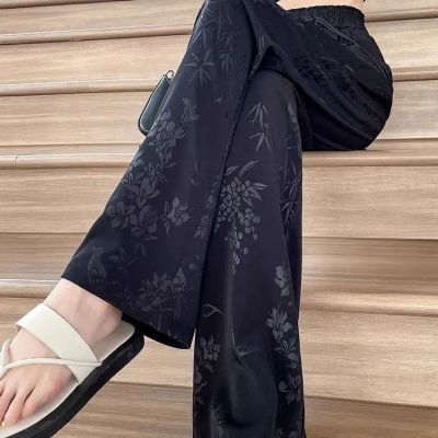 胖mm大码休闲新中式国风阔腿裤女夏季薄款高腰宽松垂感提花长裤潮