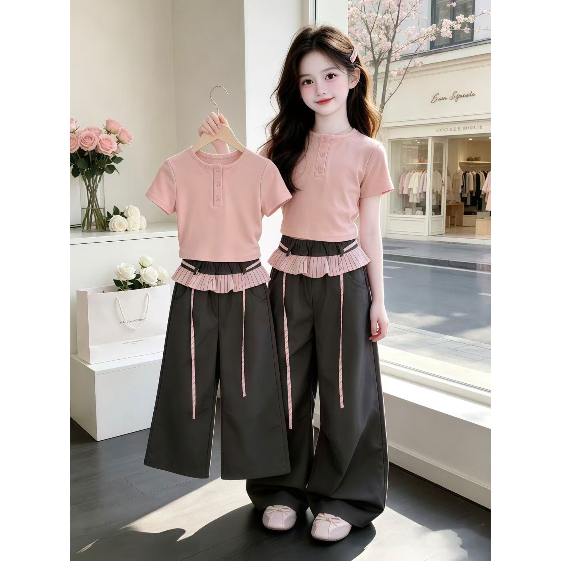 Mädchen-Outfit 2026: Neues koreanisches Outfit – Süßes T-Shirt mit stylischer Spitzenborte und weite Hose – Modisches Zweiteiler-Set_voghion.com