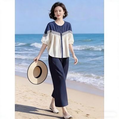 韩版撞色两件套女夏季宽松百搭五分短袖衬衫上衣+阔腿裤时尚套装【6月16日发完】