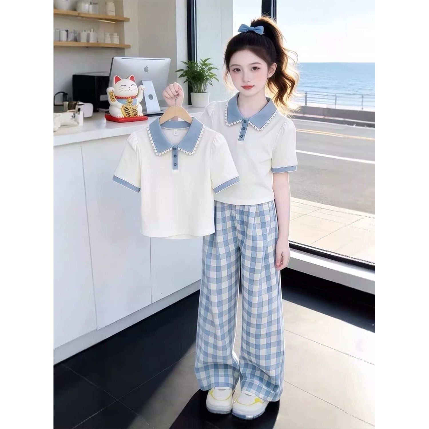 Completo da ragazza con colletto polo e maniche corte, estate 2026, nuovo stile coreano alla moda, casual, a quadri, pantaloni lunghi a gamba larga per ragazze più grandi_voghion.com