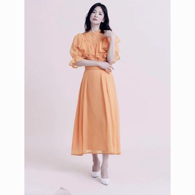 黑暗荣耀宋慧乔同款橘色荷叶边衬衫女夏半身长裙桔梗两件套套装女