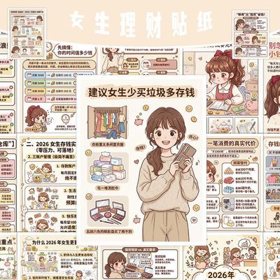 24张高清大张女生理财贴纸省钱妙招日常生活入手精简消费专注搞钱