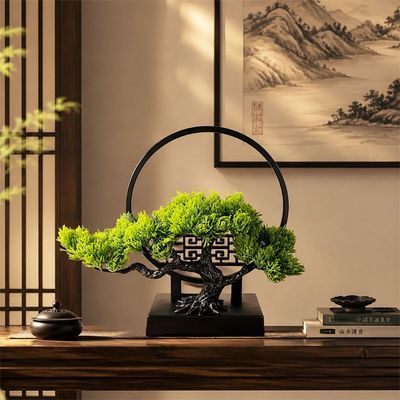 仿真迎客松屏风摆件桌面仿真绿植禅意小盆景室内酒店装饰玄关景观