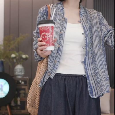 260011国风青花瓷亚麻夏装衬衫开衫中国风【5天内发货】