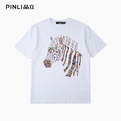 【PINLI】品立2026夏季新款男装马年印花烫钻纯棉圆领落肩短袖T恤上衣