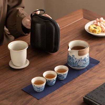 汝窑便携式懒人旅行快客杯一壶三杯茶具套装户外露营喝茶定制logo