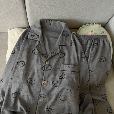 深灰小狗云朵棉春秋季长袖长裤睡衣女可爱卡通甜美少女家居服套装