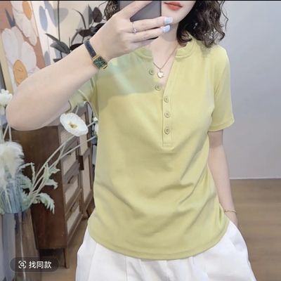 2026爆款纯棉短袖T恤亨利领简约夏季女纯色极简风纽扣V领休闲T恤