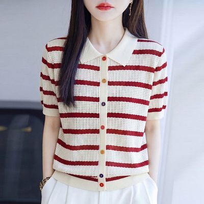 夏季新款厂家严选大牌红白条纹天丝莱塞尔纤维针织短袖POLO衫