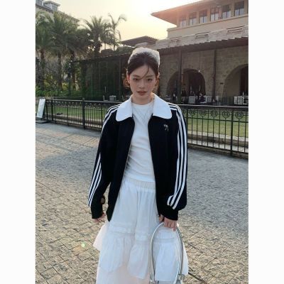 韩系翻领黑色开衫卫衣外套女春秋新款宽松小众休闲拉链上衣夹克