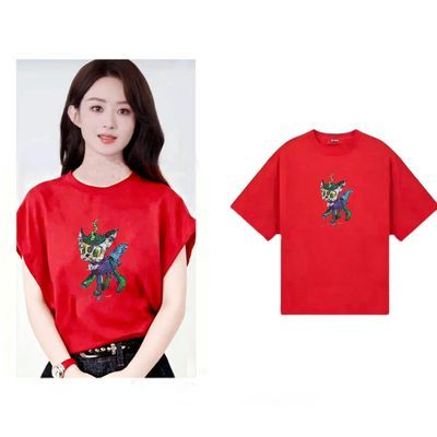 赵丽颖明星同款夏装T恤女黑色上衣服短袖印花2026别致设计感