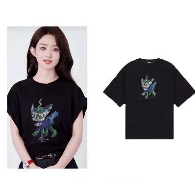 赵丽颖明星同款夏装T恤女黑色上衣服短袖印花2026别致设计感