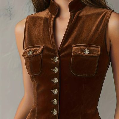 【外贸原单】复古无袖上衣显瘦设计女式马甲欧美修身优雅时尚棕色