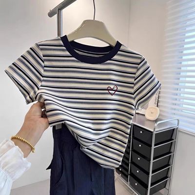 正肩2026夏装新款女棉时尚撞色条纹印花落肩袖圆领上衣短袖T恤【15天内发货】
