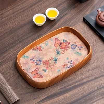 清仓蝶恋花托盘长方形木质托盘轻奢高档咖啡盘实木家用蛋糕点心盘