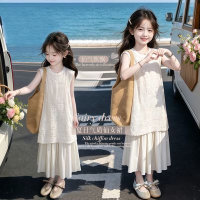 新中式女童夏季套装2026洋气夏日仙气刺绣超仙显瘦连衣裙两件套