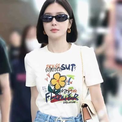 唐嫣秦岚明星同款设计感小花T恤女2026夏季新款纯棉短袖圆领上衣