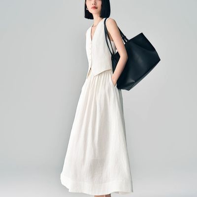 2025高级感夏季新款老钱风气质高端白色亚麻马甲半裙套装女