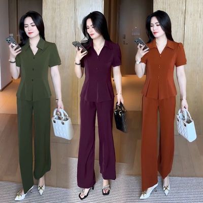 时尚洋气套装女2026夏季妈妈新款时髦遮肉显瘦衬衫阔腿裤两件套潮