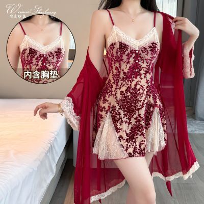 唯美纱甜美诱惑纯欲风睡衣深V吊带睡裙带胸垫性感露背睡裙套装优惠商品图片