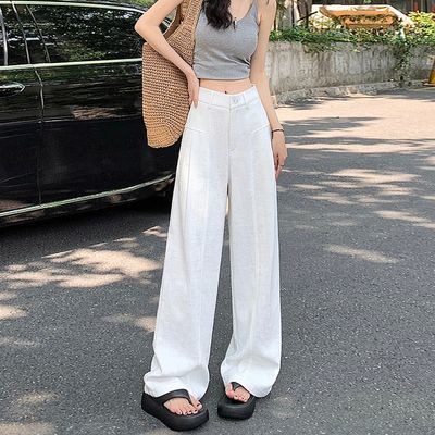 亚麻西装裤女夏季新款窄版棉麻白色裤子老钱风垂坠感直筒阔腿长裤【5天内发货】