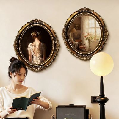 法式复古花卉客厅装饰画中古风卧室床头挂画高级感椭圆形组合壁画优惠商品图片