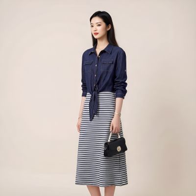 时尚休闲绑带气质显瘦减龄两件套通勤套裙初秋条纹防晒polo领
