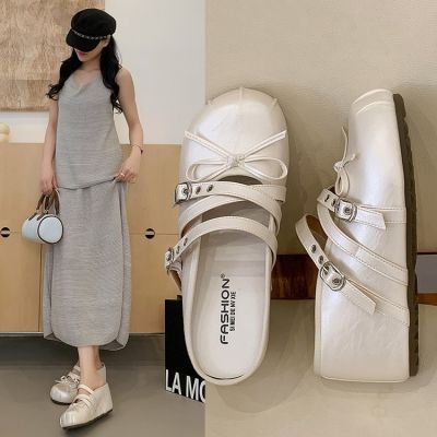 夏季新款增高显瘦包头拖女平底隐形内增高外穿百搭蝴蝶结拖鞋女
