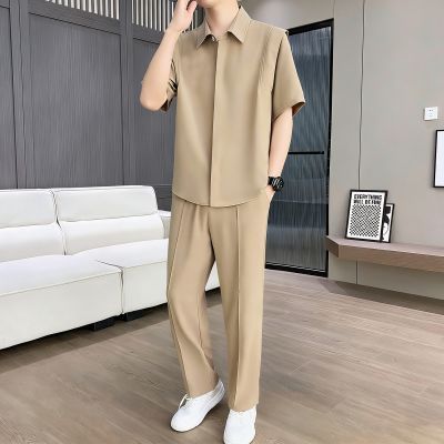 轻奢冰丝半袖衬衫套装男士夏季薄款休闲上衣长裤男装轻熟风两件套