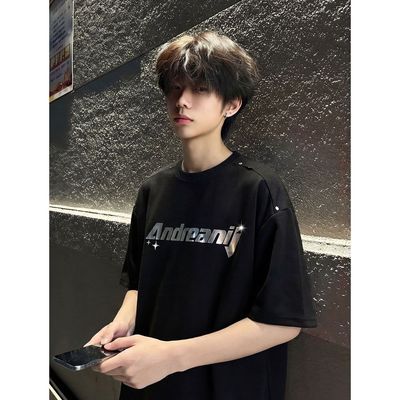 美式潮牌镭射反光印花短袖T恤男夏季潮流宽松痞帅圆领半袖上衣服