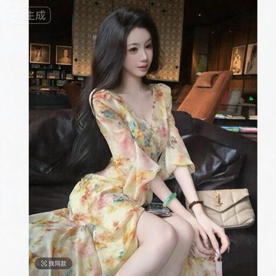 【雅乔定制】吉维尼花园 灯笼袖水彩晕染油画连衣裙法式收腰长裙