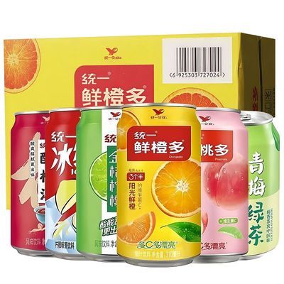 【统一】310ml*24罐鲜橙多橙汁果汁饮料罐装蜜桃整箱饮品果味整件
