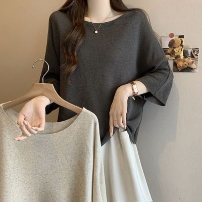 天爽亚麻斜领露肩短袖T恤女2026大码胖mm显瘦遮肚五分袖针织上衣【3天内发货】