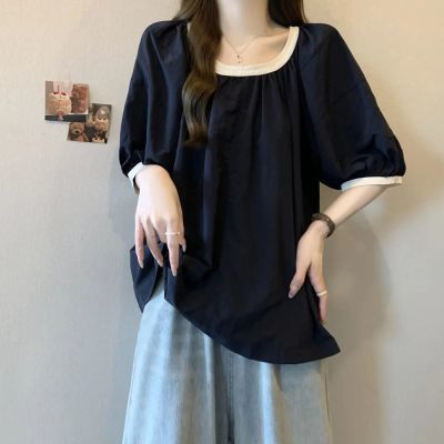 拼接撞色泡泡袖衬衫夏季新款大码女装圆领时尚显瘦短袖T恤女上衣