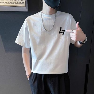 夏季夏款小个子男士t恤韩版简约字母印花纯棉T恤男士短袖t恤衫ins