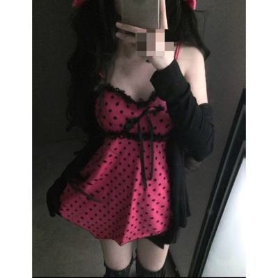 日系古早风春夏季辣妹可爱波点吊带裙甜美穿搭黑色开衫上衣两件套
