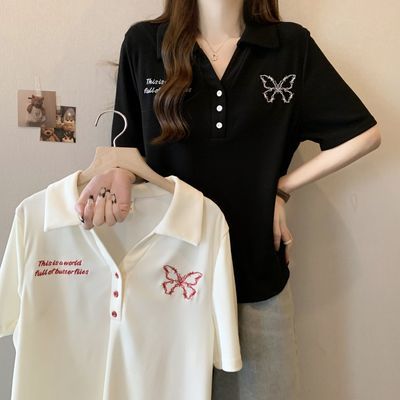 胖mm大码蝴蝶刺绣polo衫短袖t恤女夏新款宽松显瘦遮肚子收腰上衣