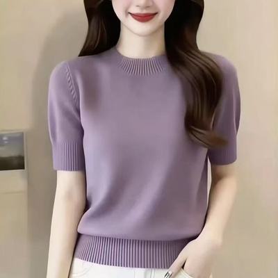 爆款100%】正品春夏圆领短袖宽松薄新款打底半袖针织衫上衣毛衣女