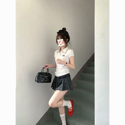 韩系学院风新款穿搭套装女甜辣妹Polo短袖上衣+格纹百褶裙一整套