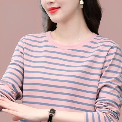 春秋中年大码条纹棉质长袖t恤女胖mm宽松遮肚上衣圆领洋气打底衫