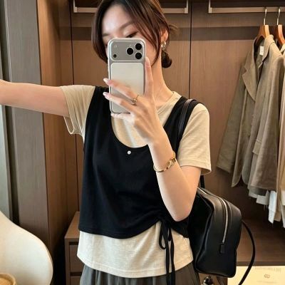 撞色短袖T恤女夏季2026新款韩系抽绳假两件休闲透气百搭圆领上衣优惠商品图片