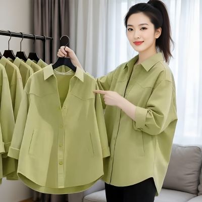 牛油果绿衬衫女春秋季气质高级翻领衬衫宽松遮肚显瘦上衣女装时尚