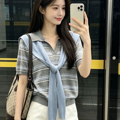撞色条纹Polo翻领短袖假两件针织衫女夏季显瘦百搭气质设计感上衣优惠商品图片