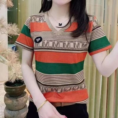 夏季新款加肥加大条纹印花短袖韩版T恤显瘦V领洋气打底女士t恤