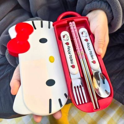 小红书同款HelloKitty餐具便携儿童筷子餐具三件套不锈钢学生餐具优惠商品图片